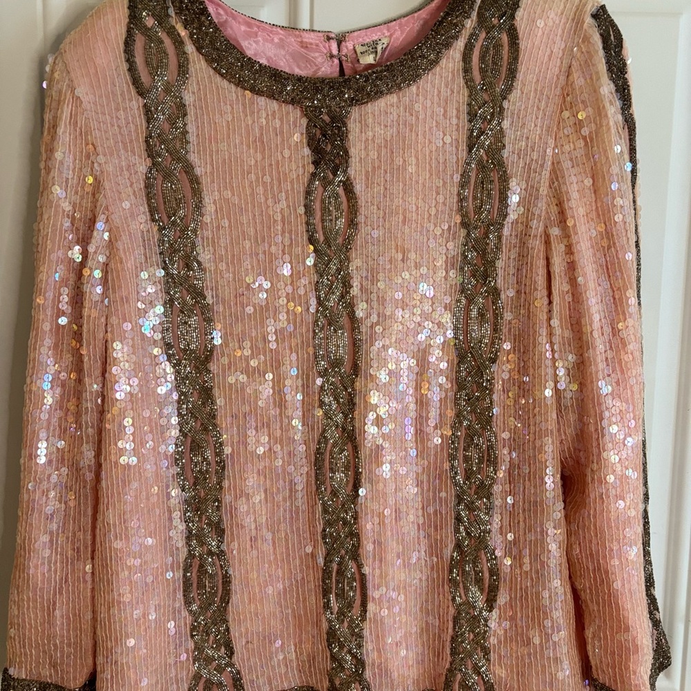 Vintage Pink and Gold Sequin Blouse 100 percent silk 100 percent Rayon lining